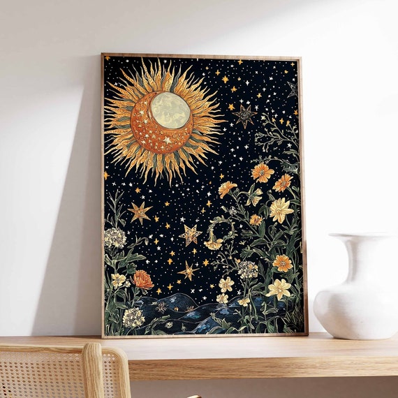 Sun And Moon Poster Celestial Poster Spiritual Decor Vintage Poster Retro Print 70s Poster Boho Poster Mystical Art Meditation Art