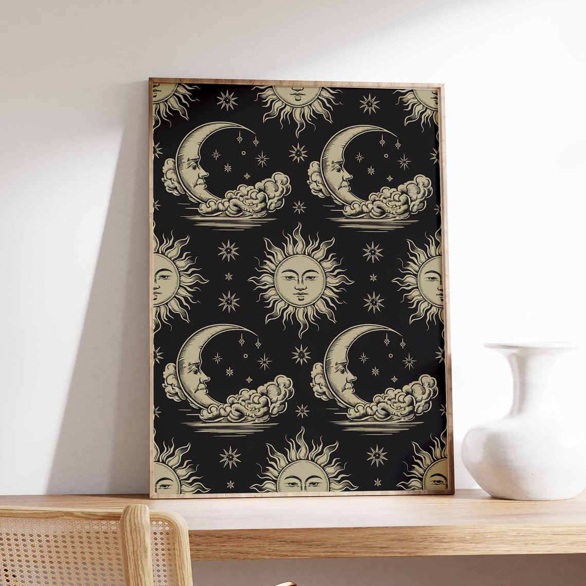 Black And Cream Celestial Sun Moon Stars Pattern Night Poster