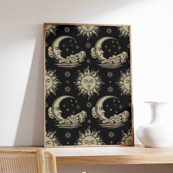 Black And Cream Celestial Sun Moon Stars Pattern Night Poster