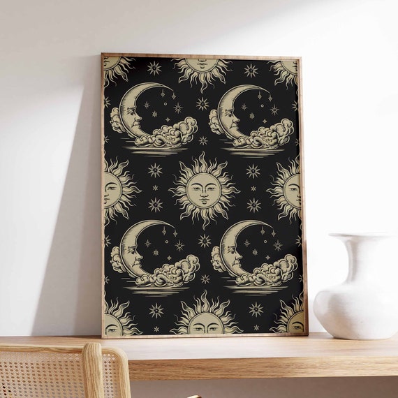 Sun And Moon Poster Celestial Poster Spiritual Decor Vintage Poster Retro Print 70s Poster Boho Poster Mystical Art Meditation Art