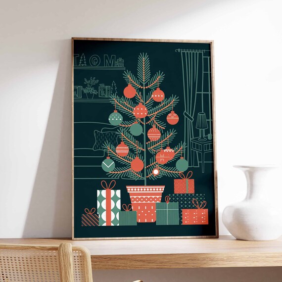 Dark Green Chalkboard Christmas Tree Ornaments Gift Art Poster