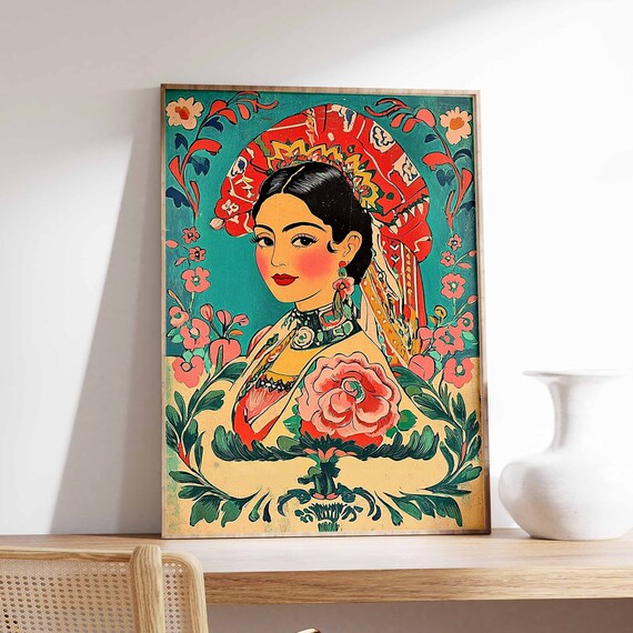 Gorgeous Elegant Latina Woman in Red Headscarf Rose Folk Art Poster