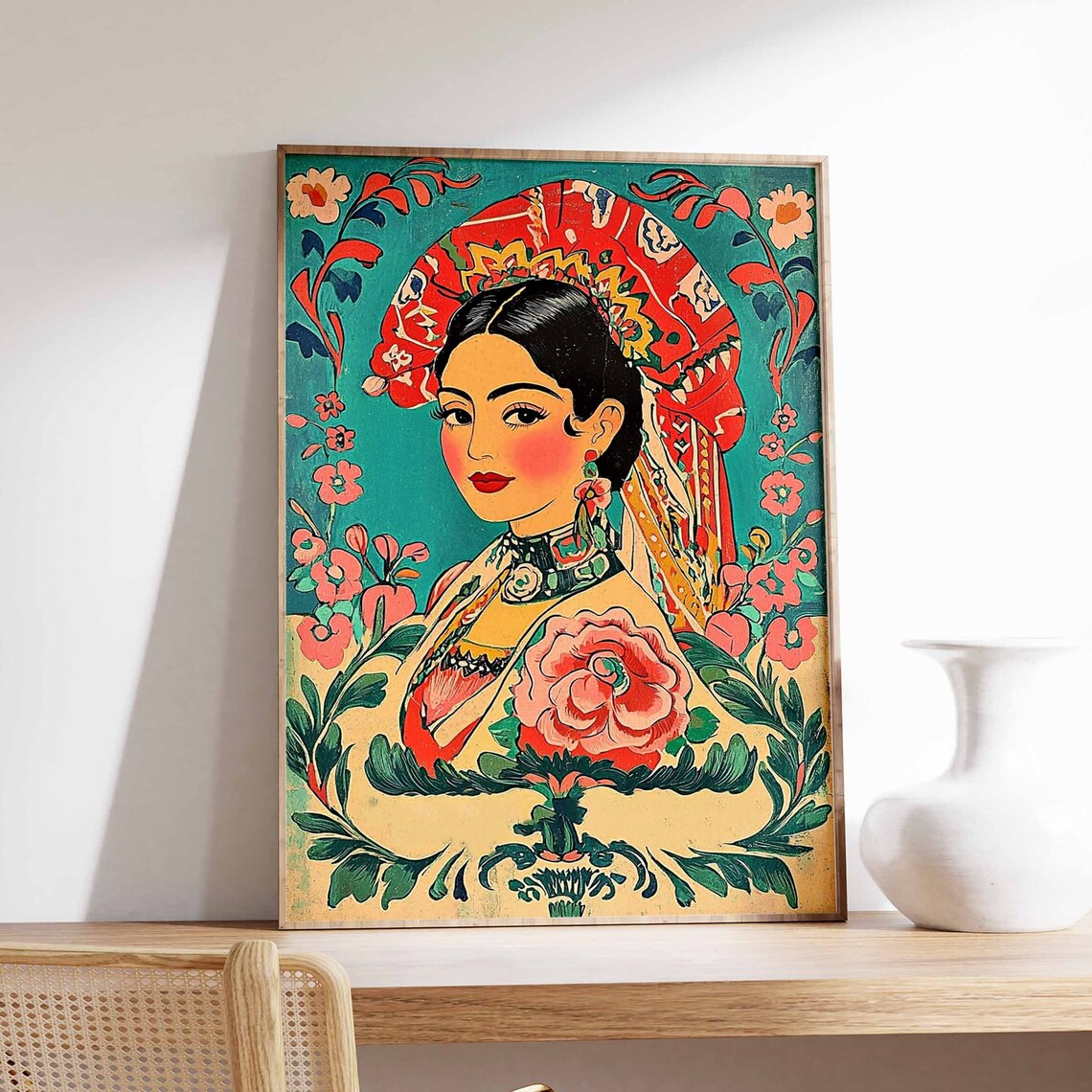Gorgeous Elegant Latina Woman in Red Headscarf Rose Folk Art Poster