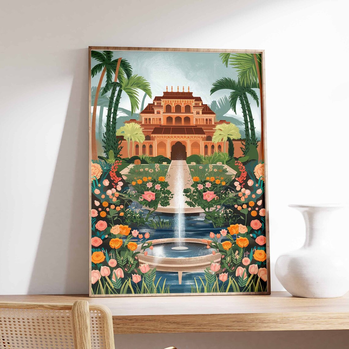 Indian Palace Rose Garden Fountain Traditional Artwork Poster