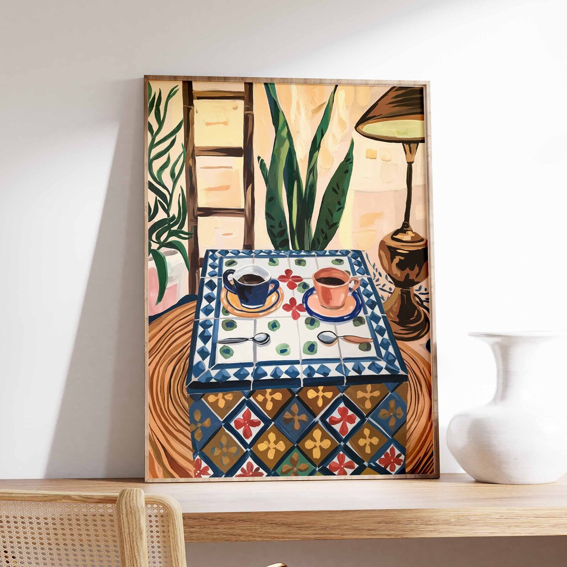 Cozy Coffee Cups on Colorful Mosaic Tile Table Lamp Art Poster