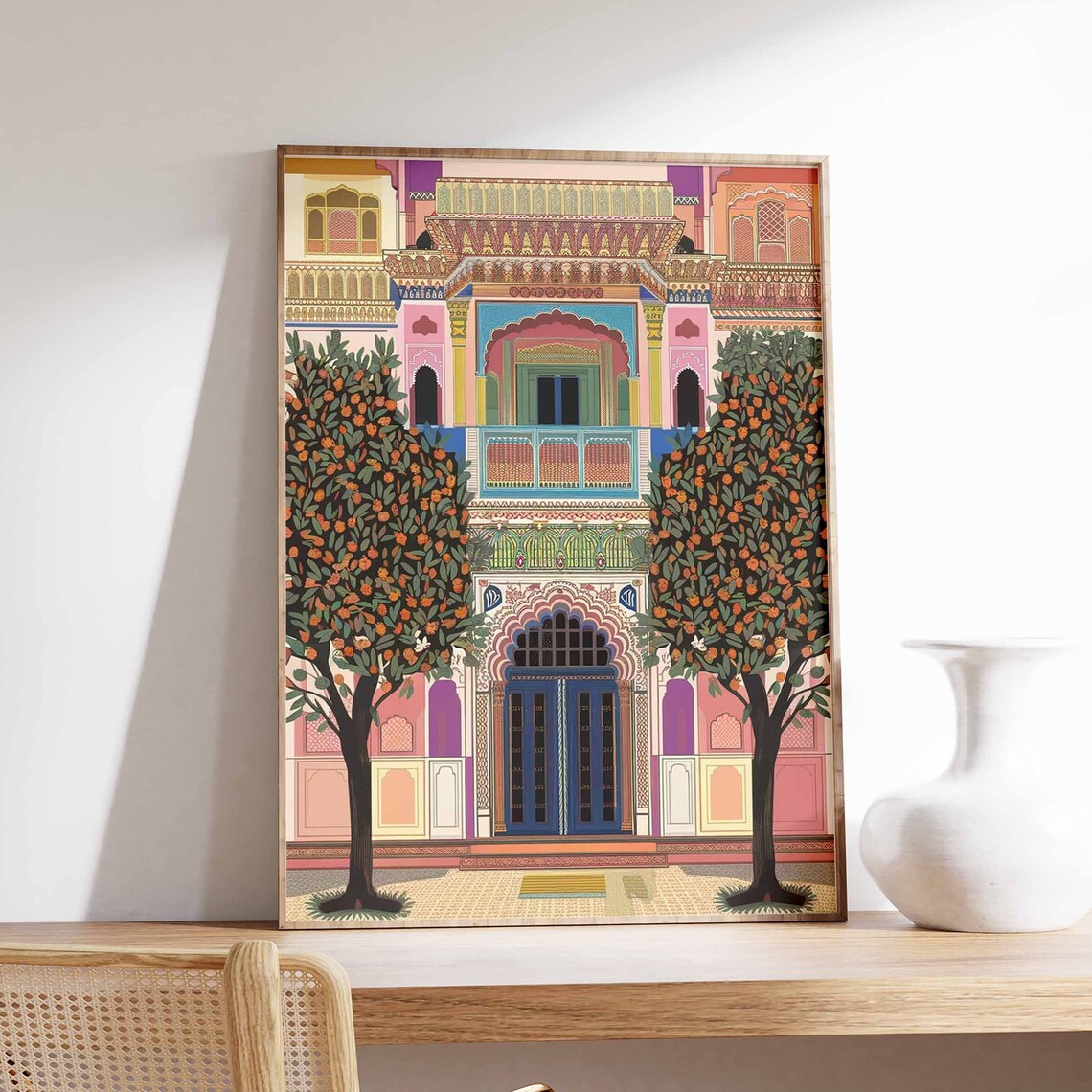 Colorful Indian Haveli Palace Facade With Orange Trees Poster