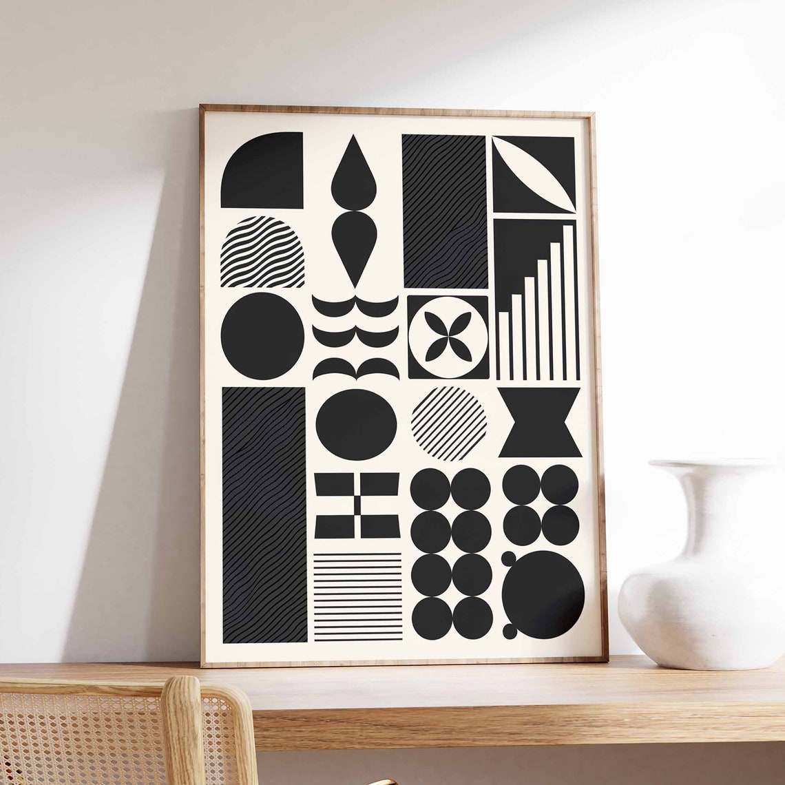 Black and White Modern Abstract Geometric Bauhaus Pattern Wall Art