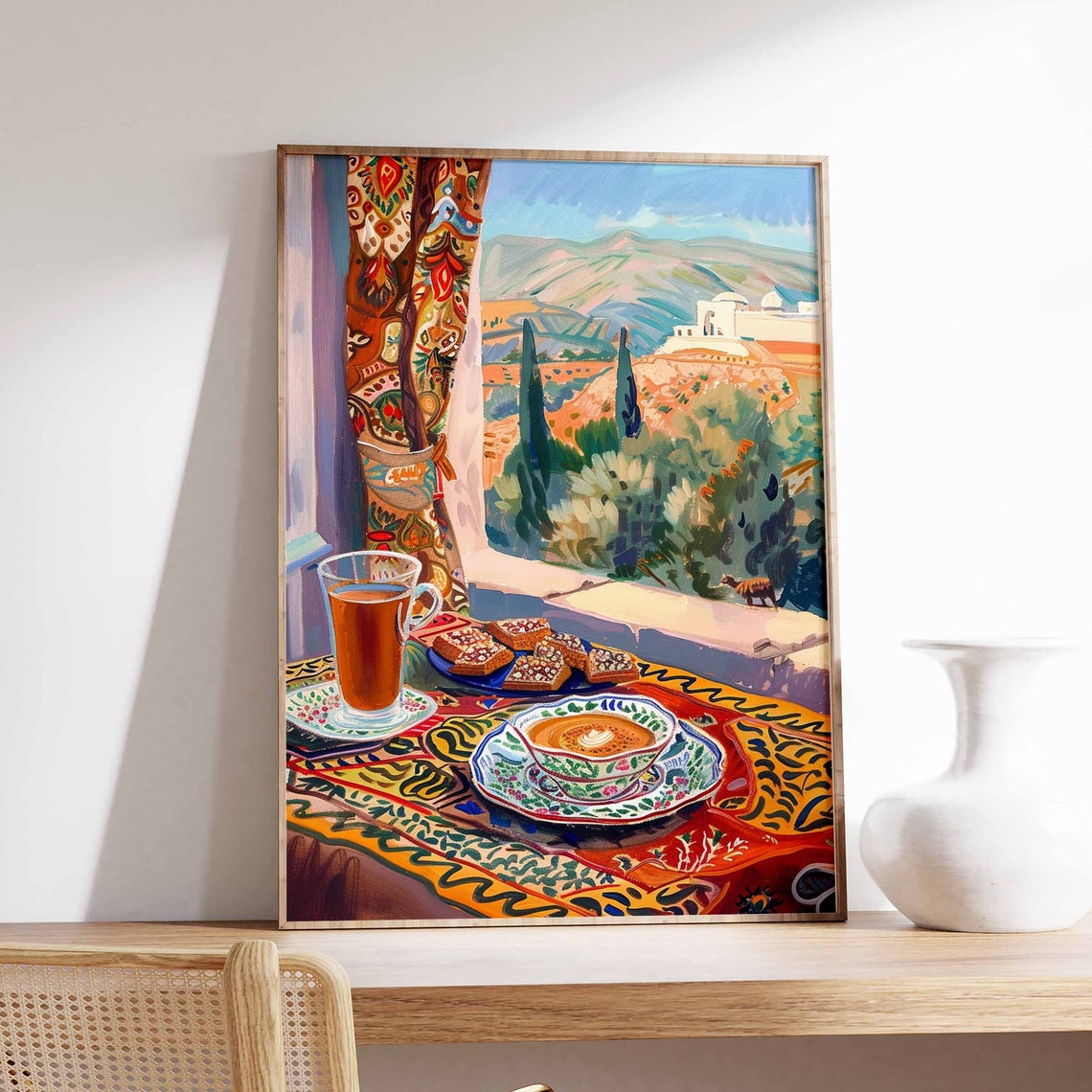 Tea and Coffee Sesame Pastries Hillside View Textile Art Poster