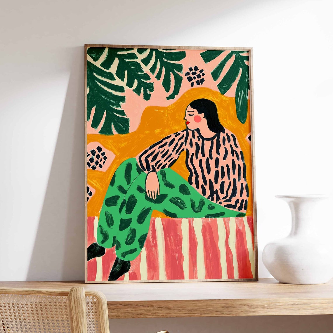 Reclining Woman in Bold Patterns Colorful Tropical Botanical Poster
