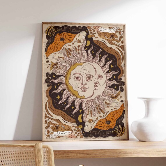 Bold Psychedelic Dual Face Sun And Moon Cosmic Swirl Art Poster