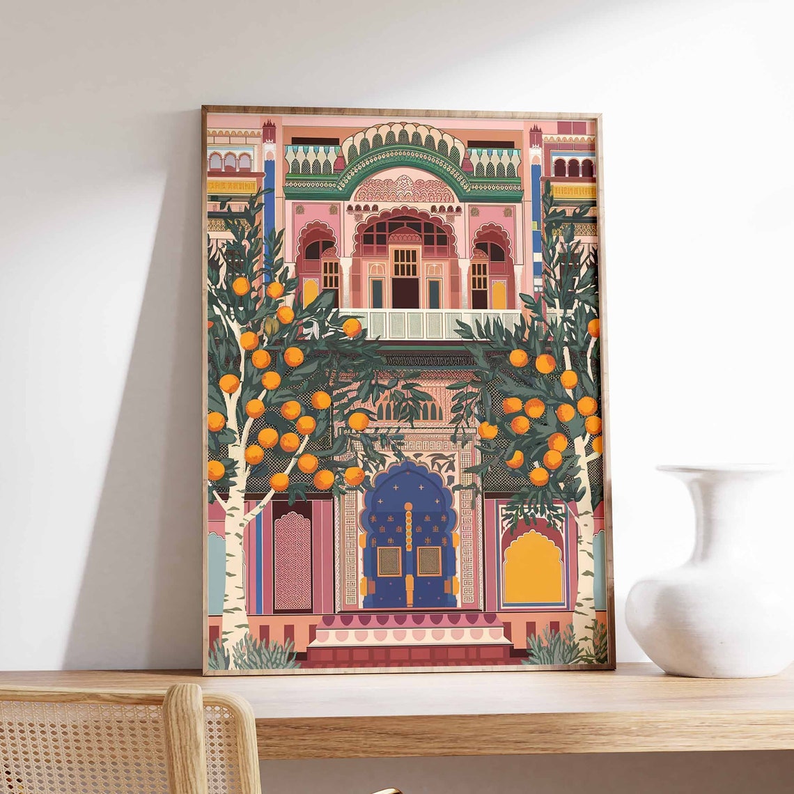 Indian Palace Orange Trees Blue Door Traditional Artwork Poster