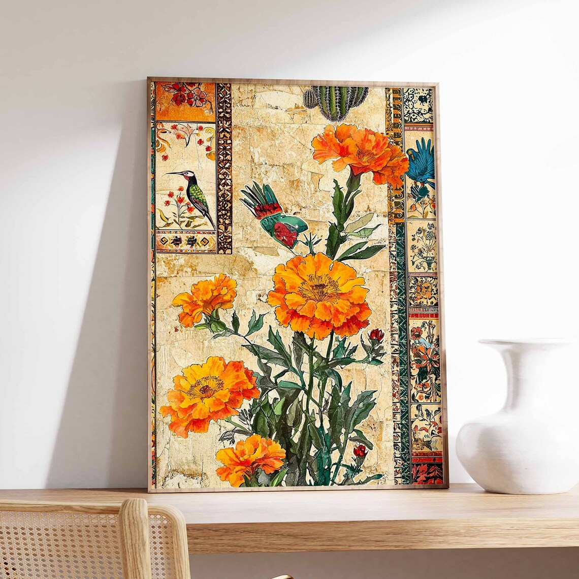 Vibrant Mexican Marigold Flowers with Hummingbirds Art Poster