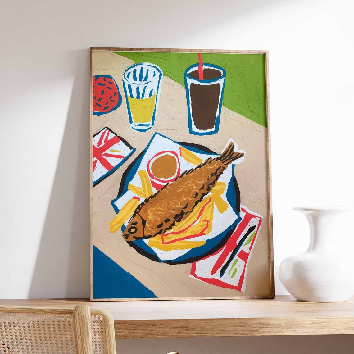 Fish And Chips With Union Jack Napkin British Pub Food Poster
