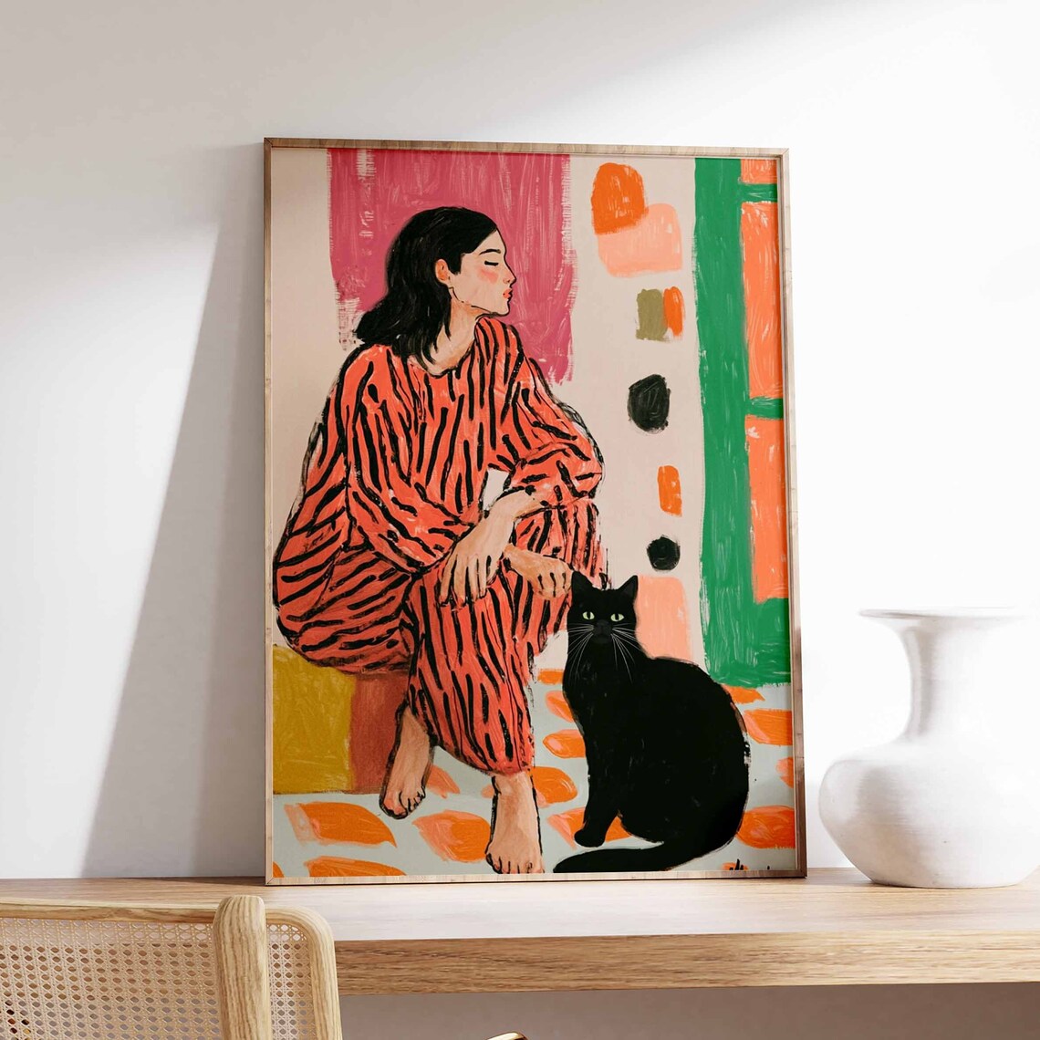 Woman in Red Striped Robe With Black Cat Modern Portrait Poster