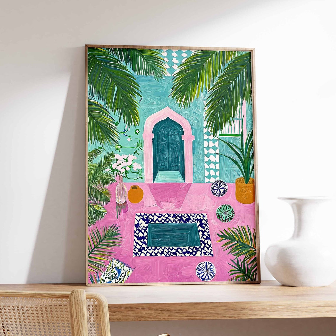 Tropical Pink Courtyard Palm Moroccan Door Tile Mosaic Art Poster