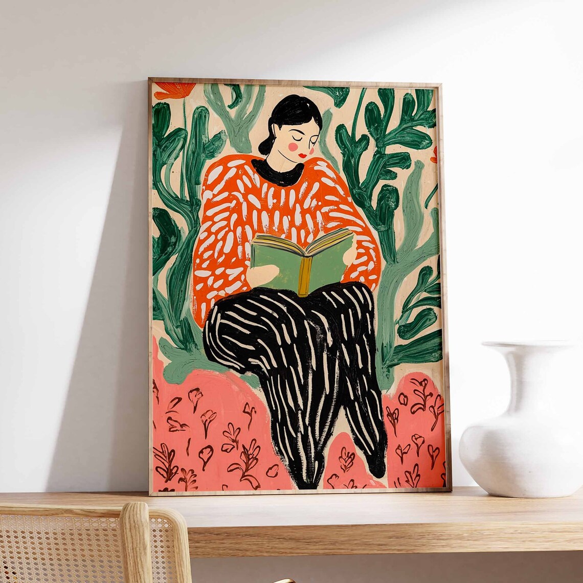 Woman Reading Book Among Tropical Plants Colorful Illustration Poster