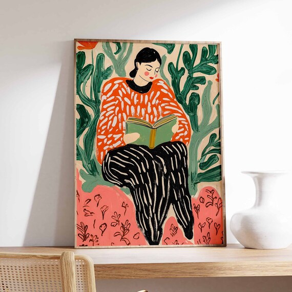 Cozy Woman Reading Book Tropical Botanical Modern Illustration Poster