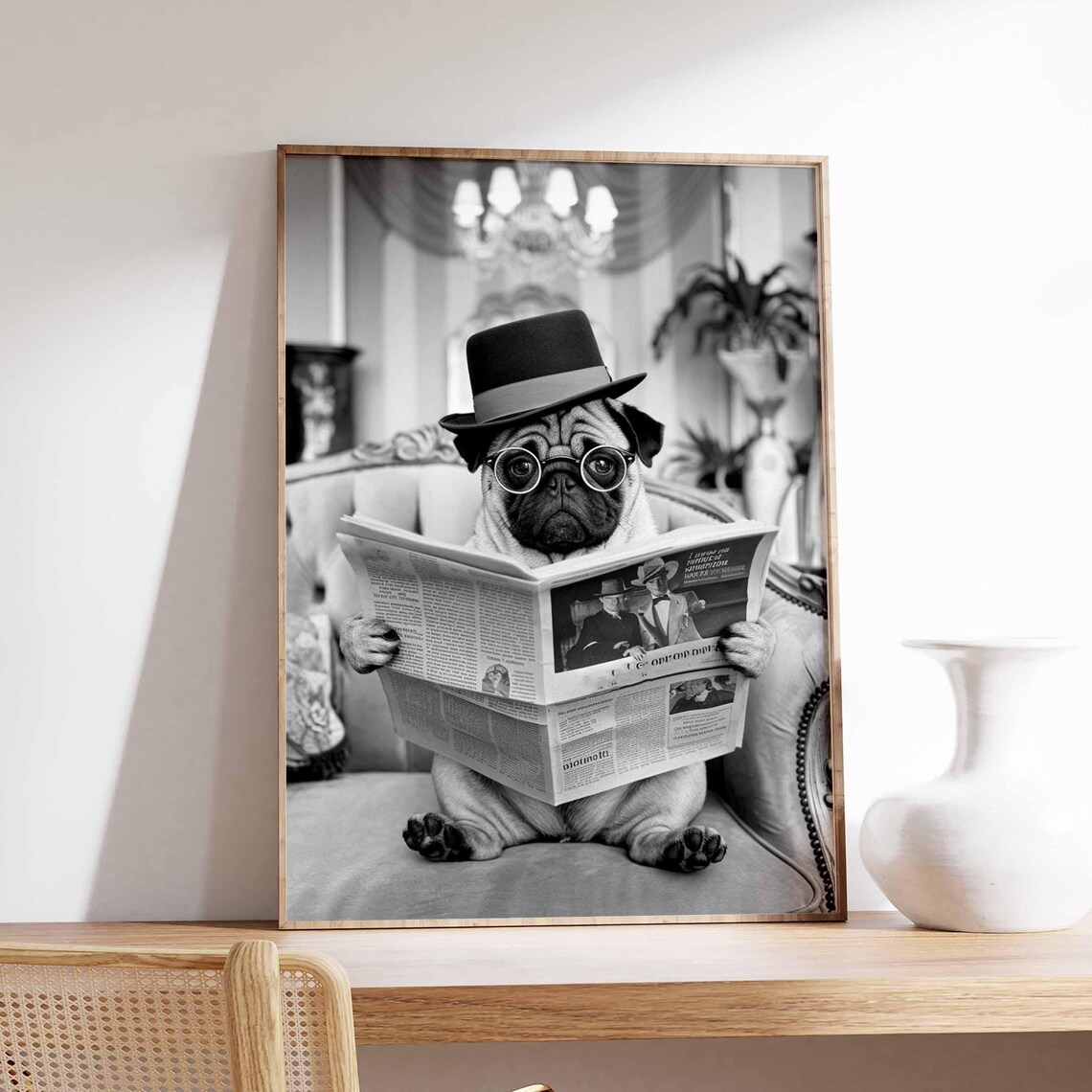 Pug In Top Hat And Round Glasses Reading Newspaper On Sofa Poster