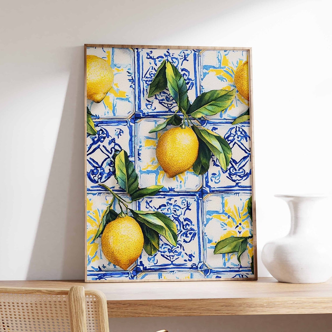 Sunny Ripe Lemons with Leaves on Blue Patterned Tile Art Poster