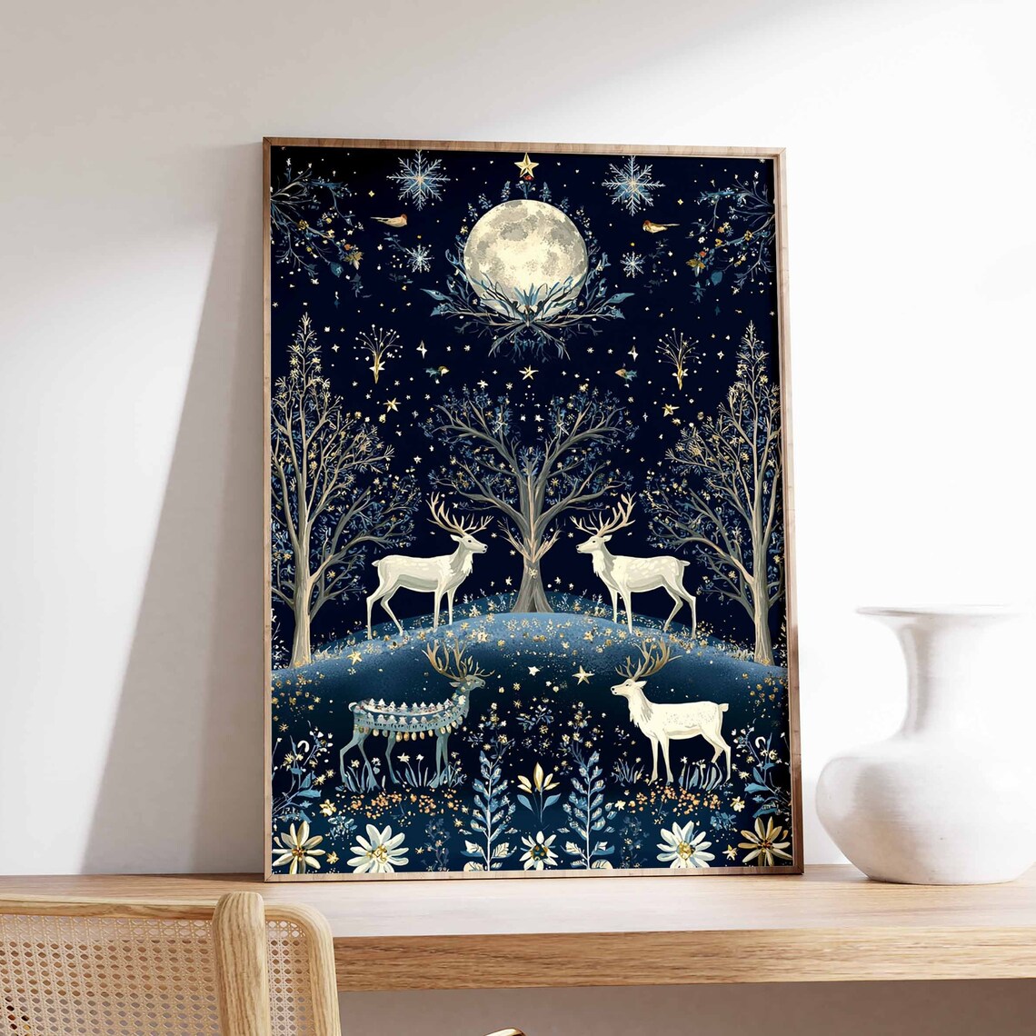 Full Moon Night With White Deer In Starry Winter Forest Poster