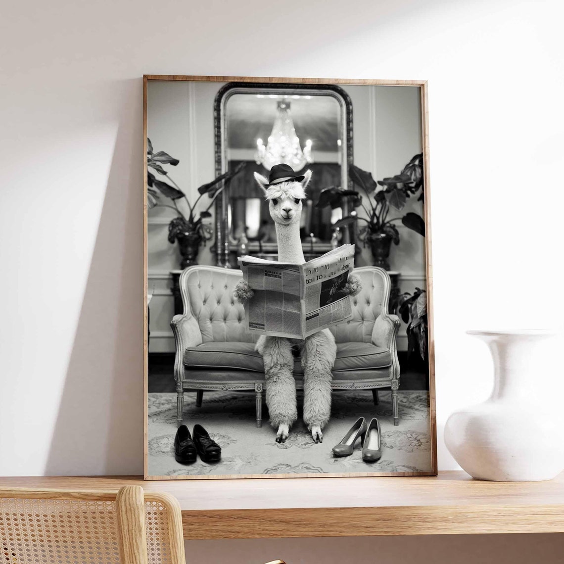 Llama In Bowler Hat Reading Newspaper On Elegant Sofa Poster