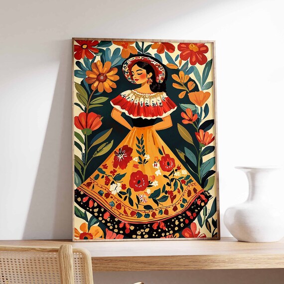 Joyful Dancing Mexican Woman Yellow Floral Skirt Folk Art Poster