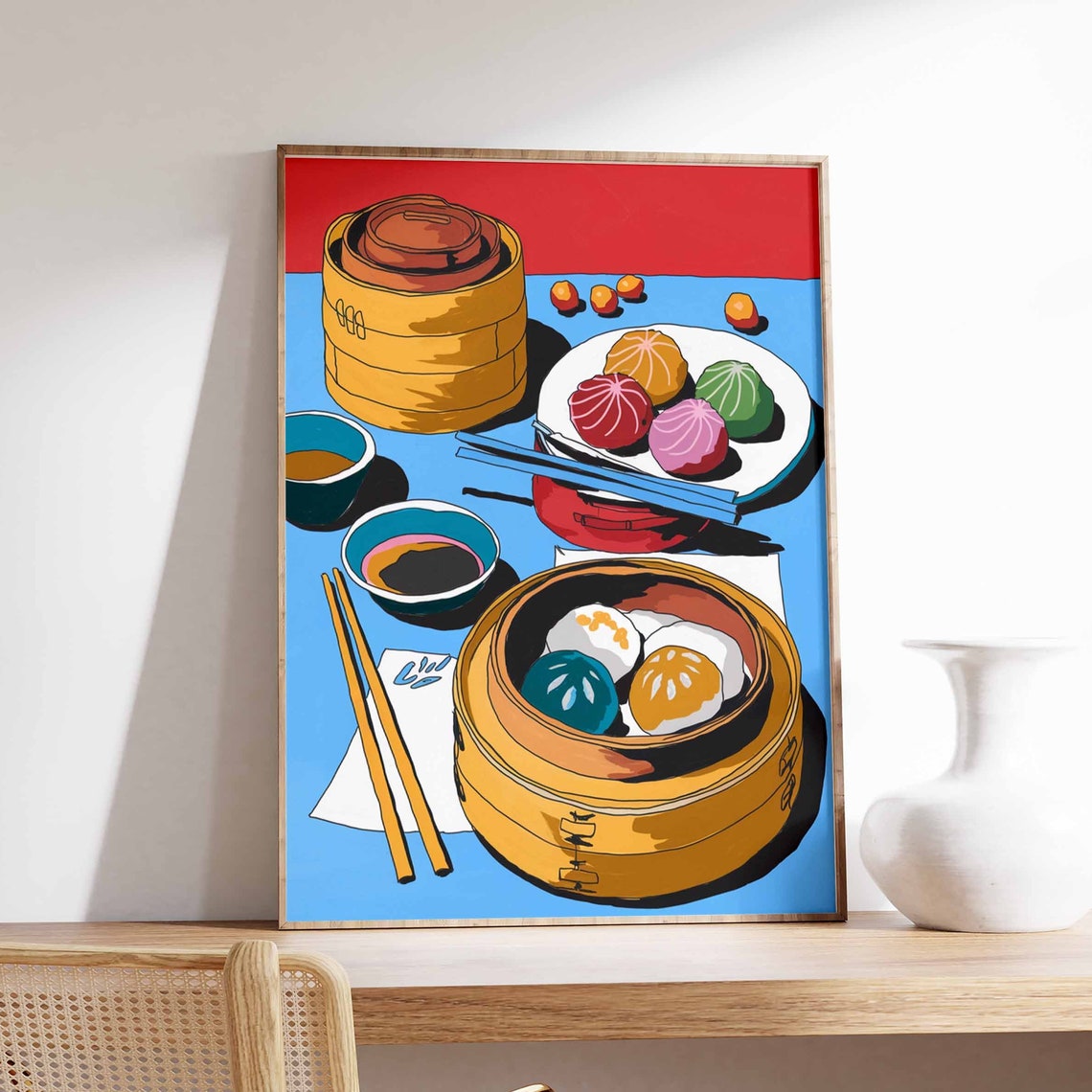Dim Sum Pop Art Colorful Bao Buns Bamboo Steamer Kitchen Poster