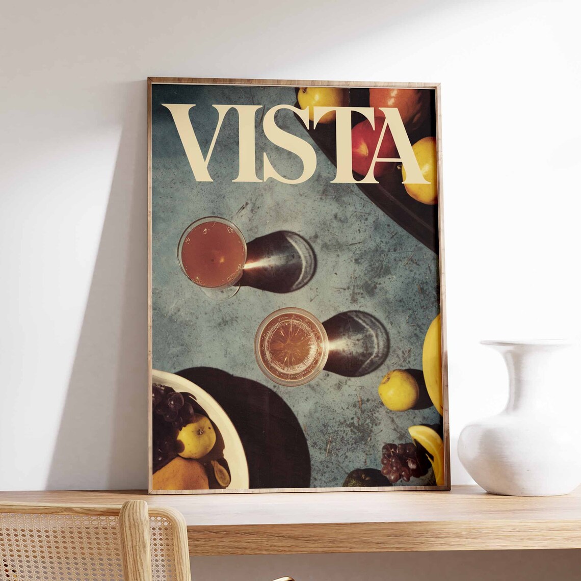 Vista Serif Teal Tabletop Amber Drink Citrus Bowl Vintage Print