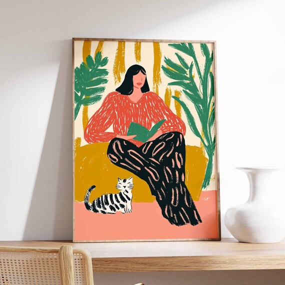 Woman Reading With Striped Cat Mustard Chair Cozy Art Poster