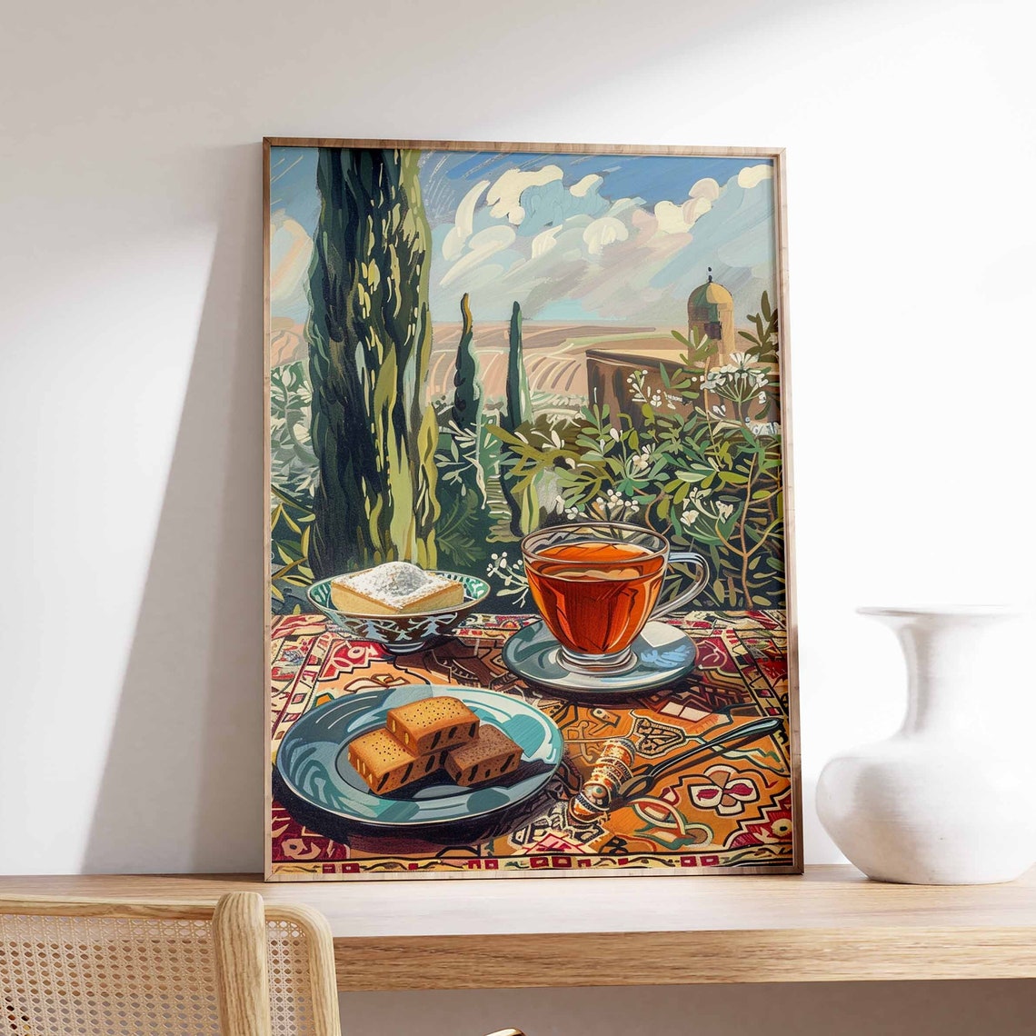 Tea and Baklava Cypress Garden View Patterned Table Art Poster