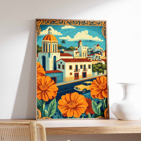 Vintage Mexican Town Church and Orange Flowers Travel Poster