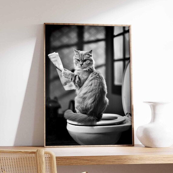 Cat Reading Newspaper on Toilet Funny Bathroom Black White Art Poster