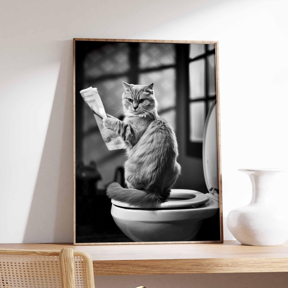 Cat Reading Newspaper on Toilet Funny Bathroom Black White Art Poster
