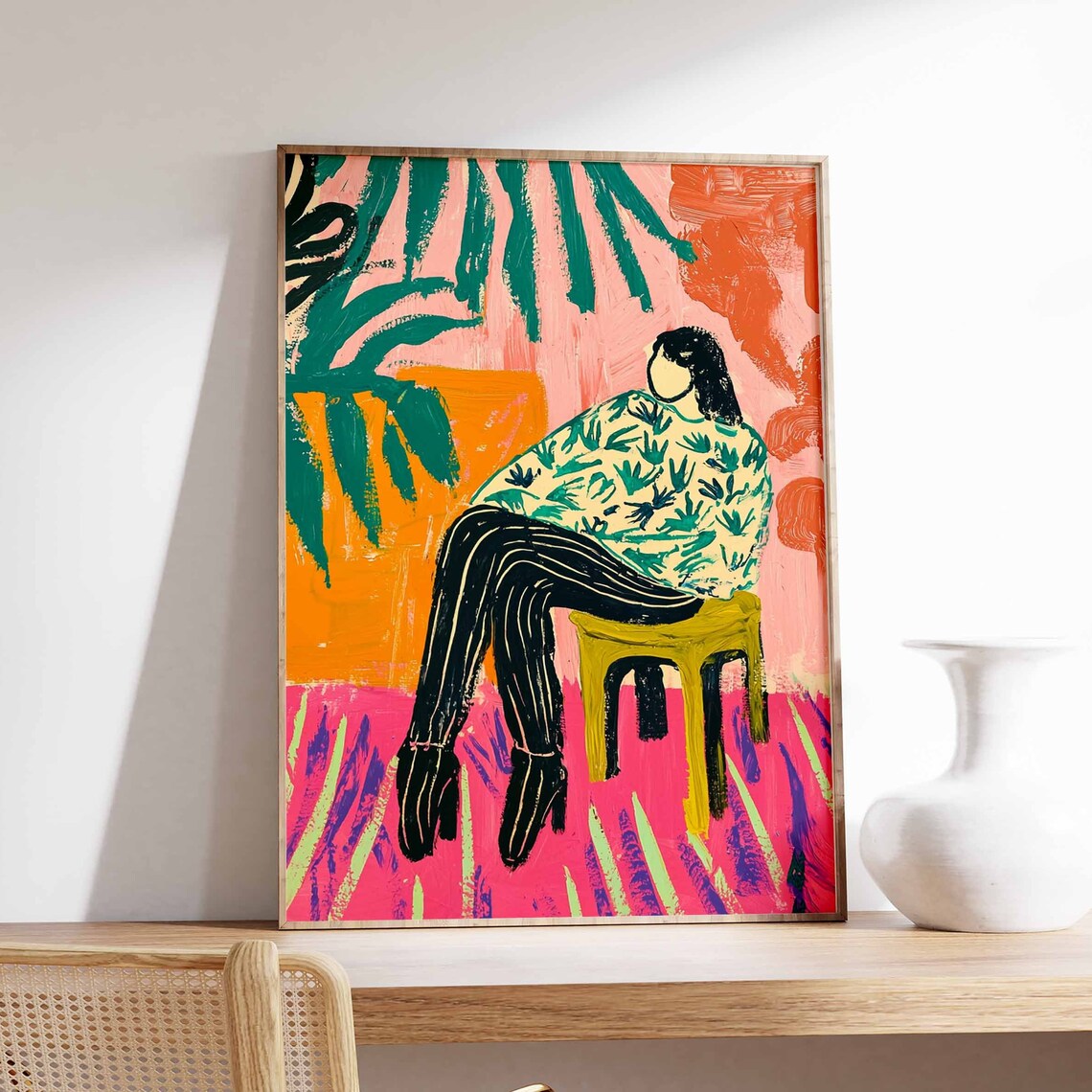 Seated Woman in Striped Pants Bold Tropical Color Block Art Poster