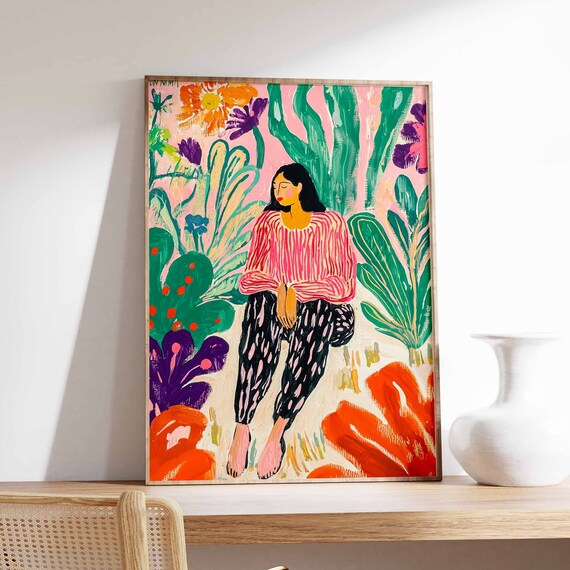 Woman Among Giant Tropical Flowers Colorful Botanical Art Poster