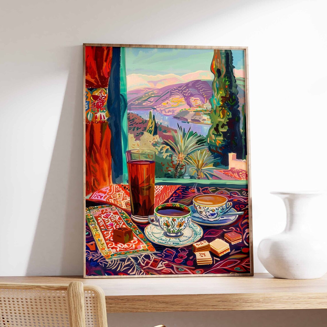 Tea Coffee Cups Pastries Palm Hill View Textile Table Art Poster