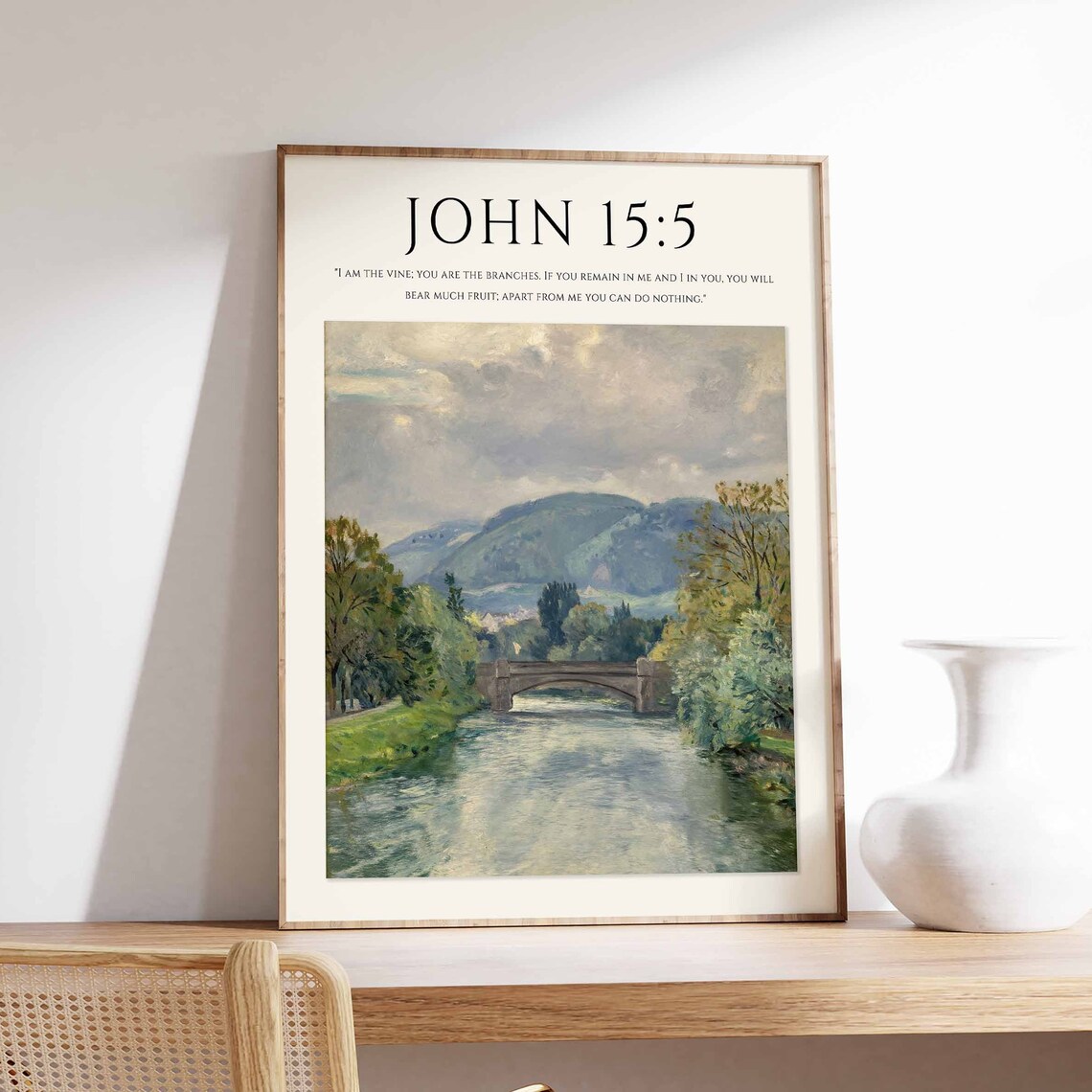 John 15:5 Bible Verse Stone Bridge River Monet Style Christian Art Poster