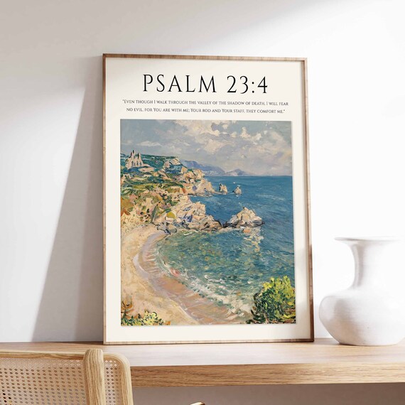 Psalm 23:4 Bible Verse Turquoise Sea Rocky Coast Monet Style Christian Art Poster