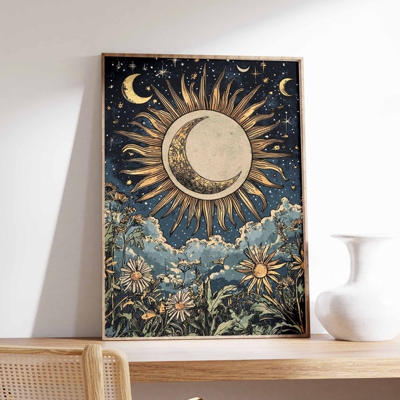 Sun And Moon Poster Celestial Poster Spiritual Decor Vintage Poster Retro Print 70s Poster Boho Poster Mystical Art Meditation Art