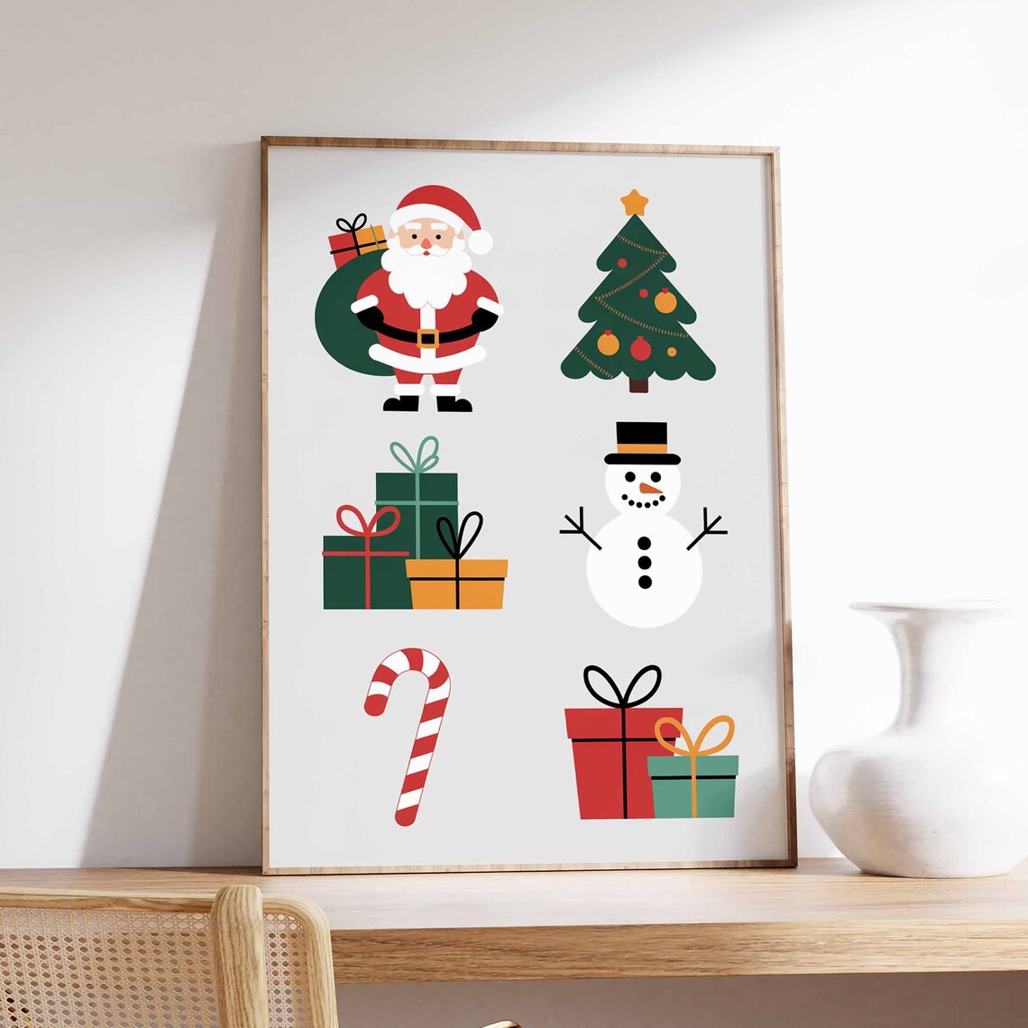 Cute Cartoon Santa Snowman Tree Gift Kids Christmas Art Poster