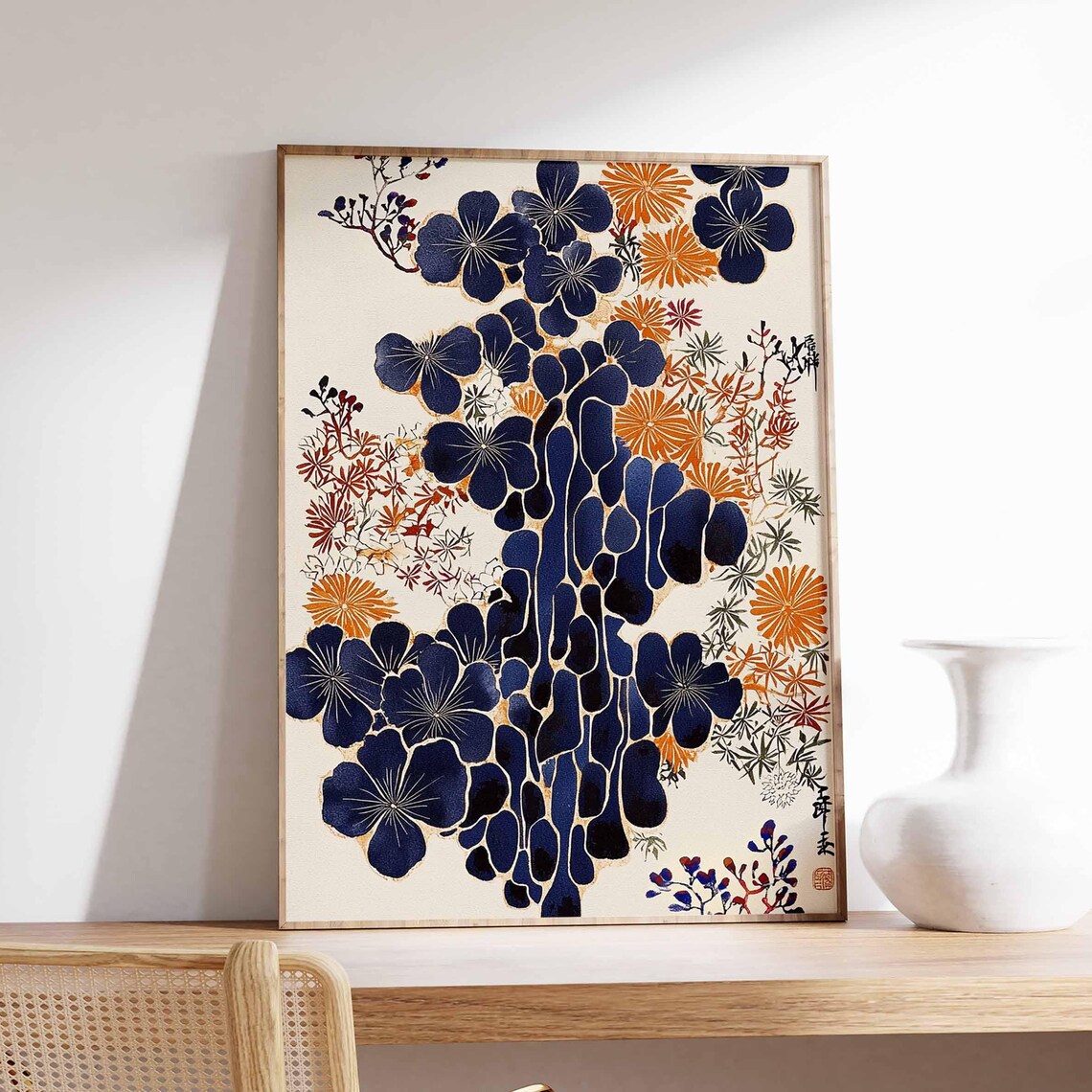 Japanese Wildflowers Navy Orange Vintage Botanical Style Art Poster