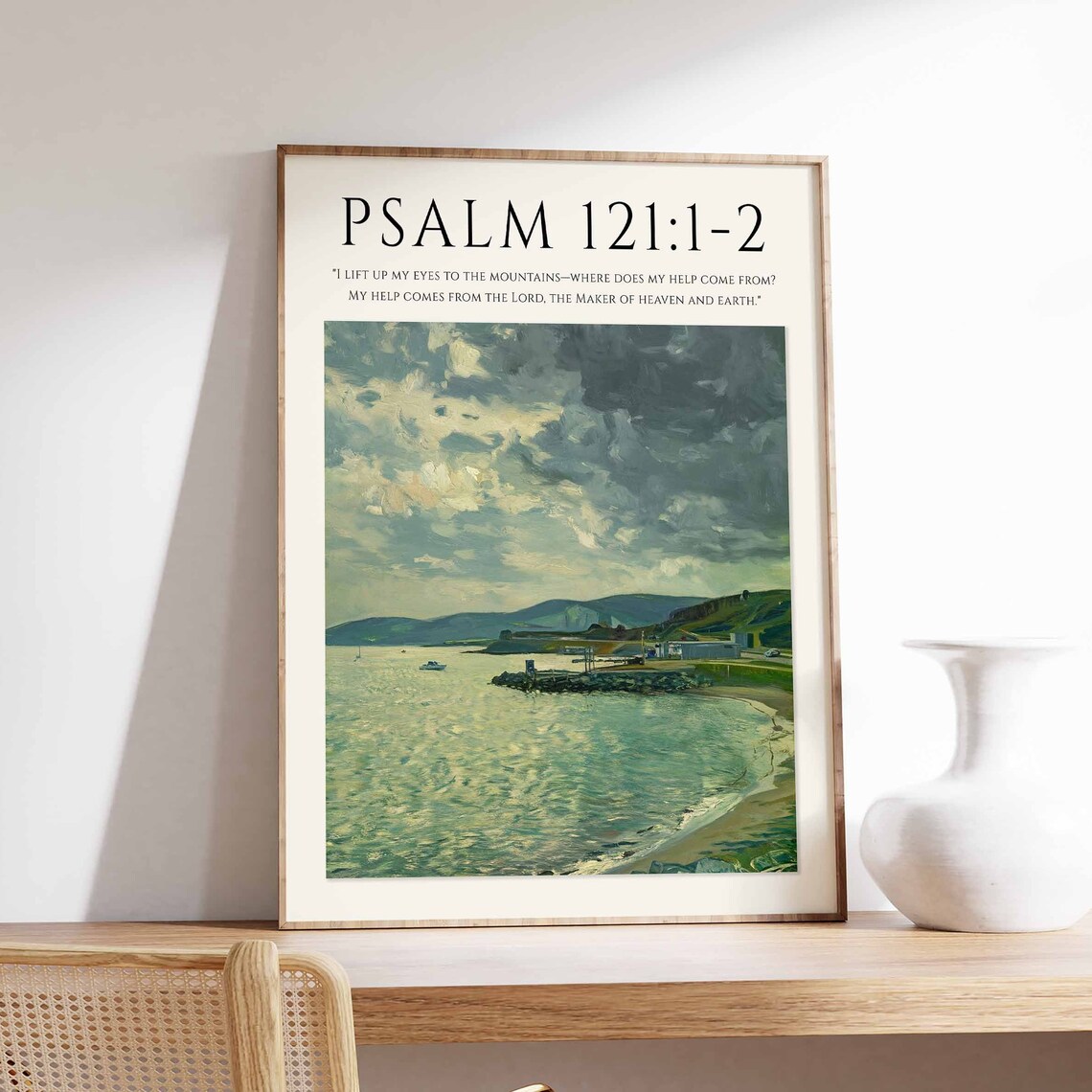 Psalm 121:1-2 Bible Verse Coastal Bay Mountain View Art Print