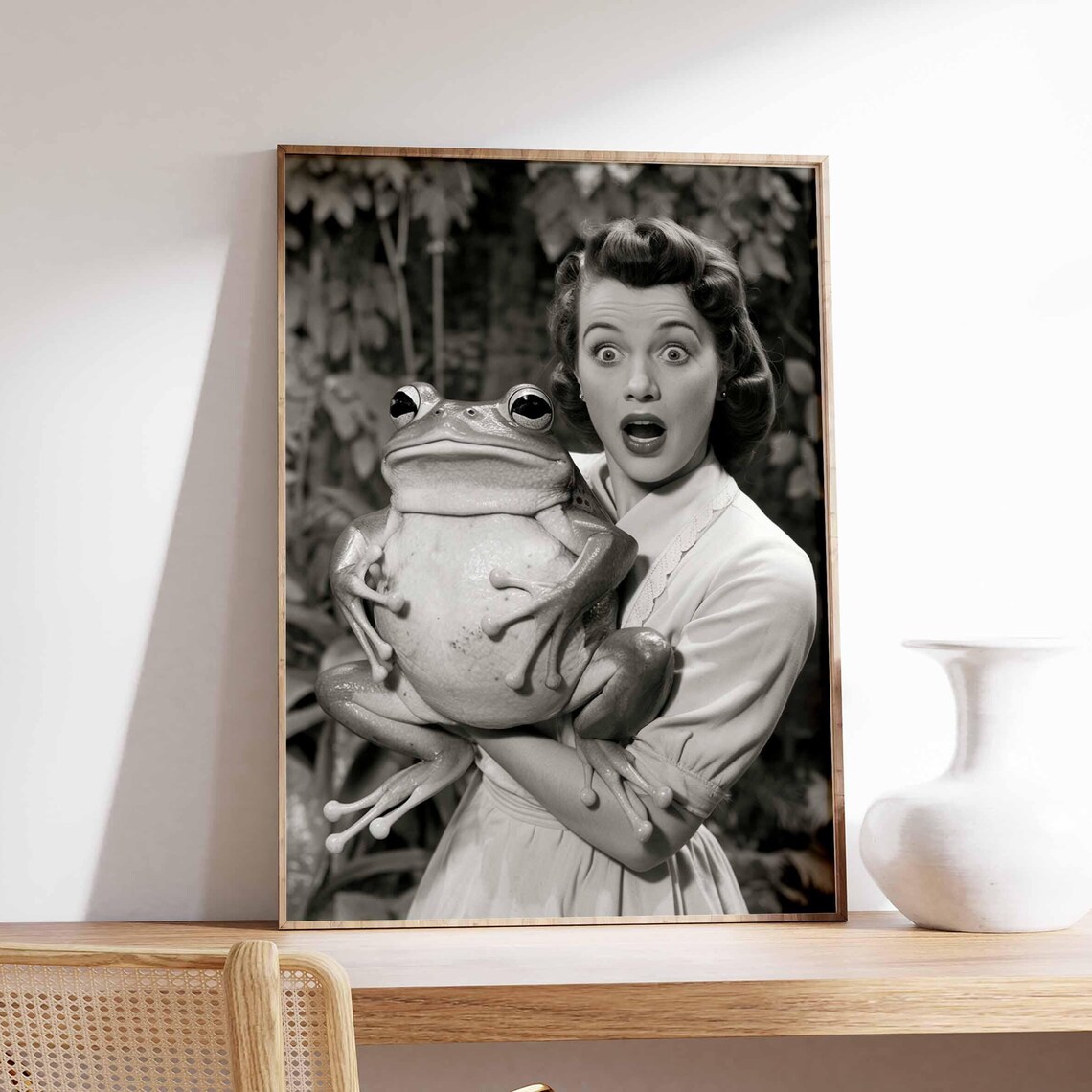 Surprised Woman Holding Giant Frog Vintage Black White Poster