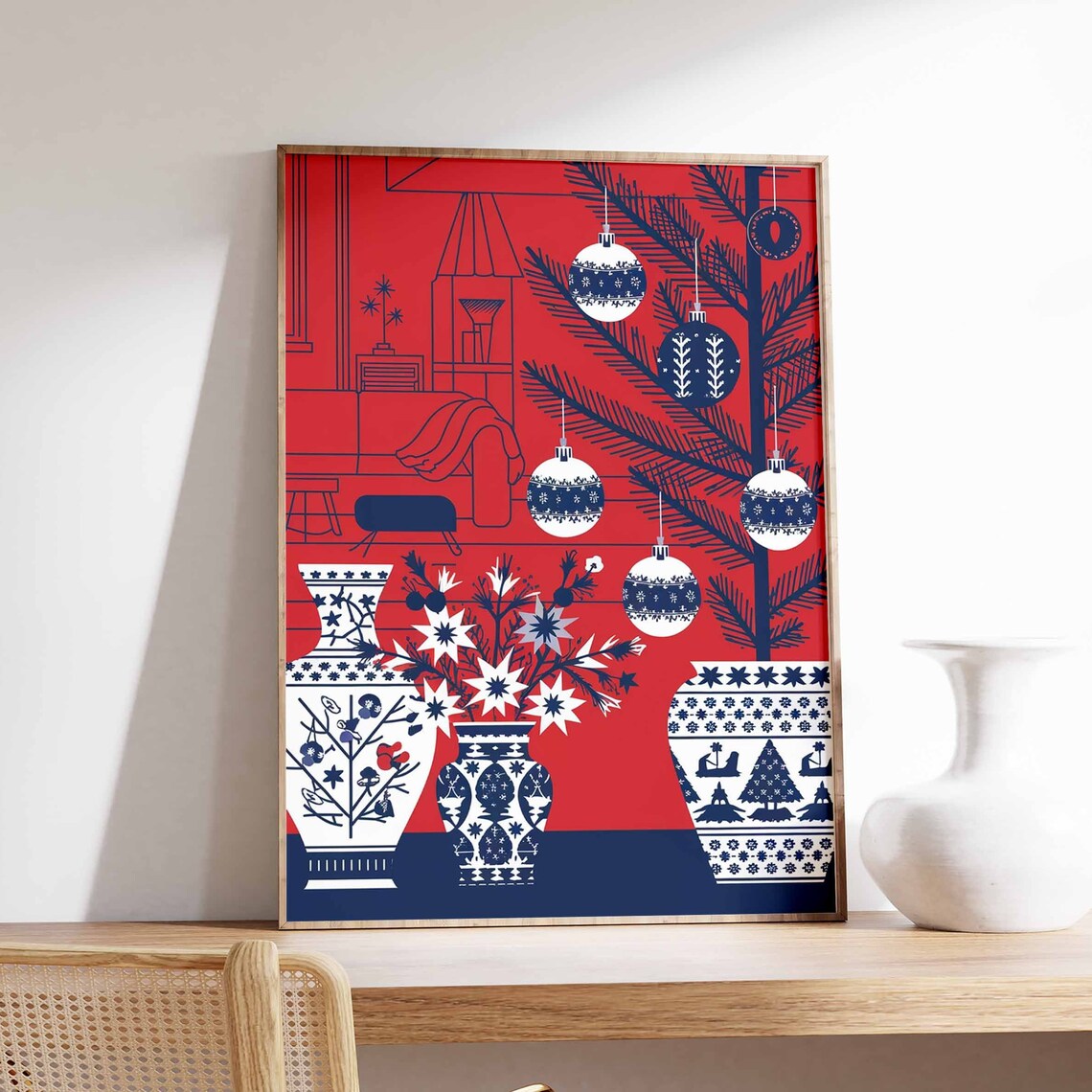 Red Navy Christmas Ornaments Porcelain Vase Holiday Art Poster