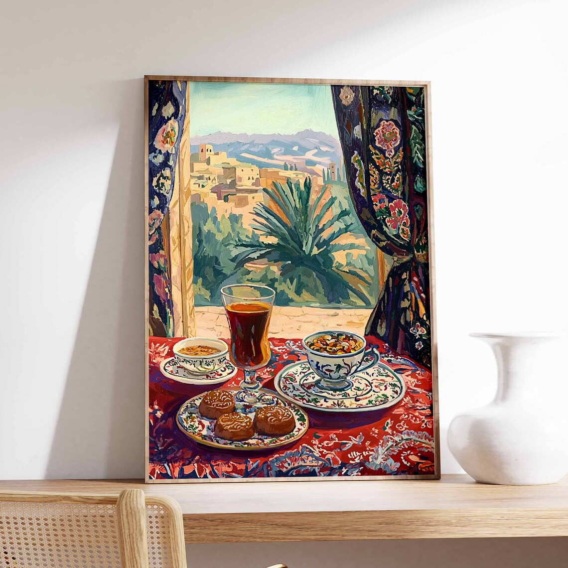 Tall Tea Glass Round Pastries Palm Town View Red Tablecloth Poster