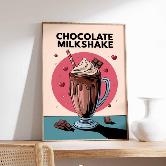 Retro Chocolate Milkshake Poster Milkshake Print Kitchen Decor Cafe Poster Retro Drinks Art Vintage Food Print Coffee Shop Decor