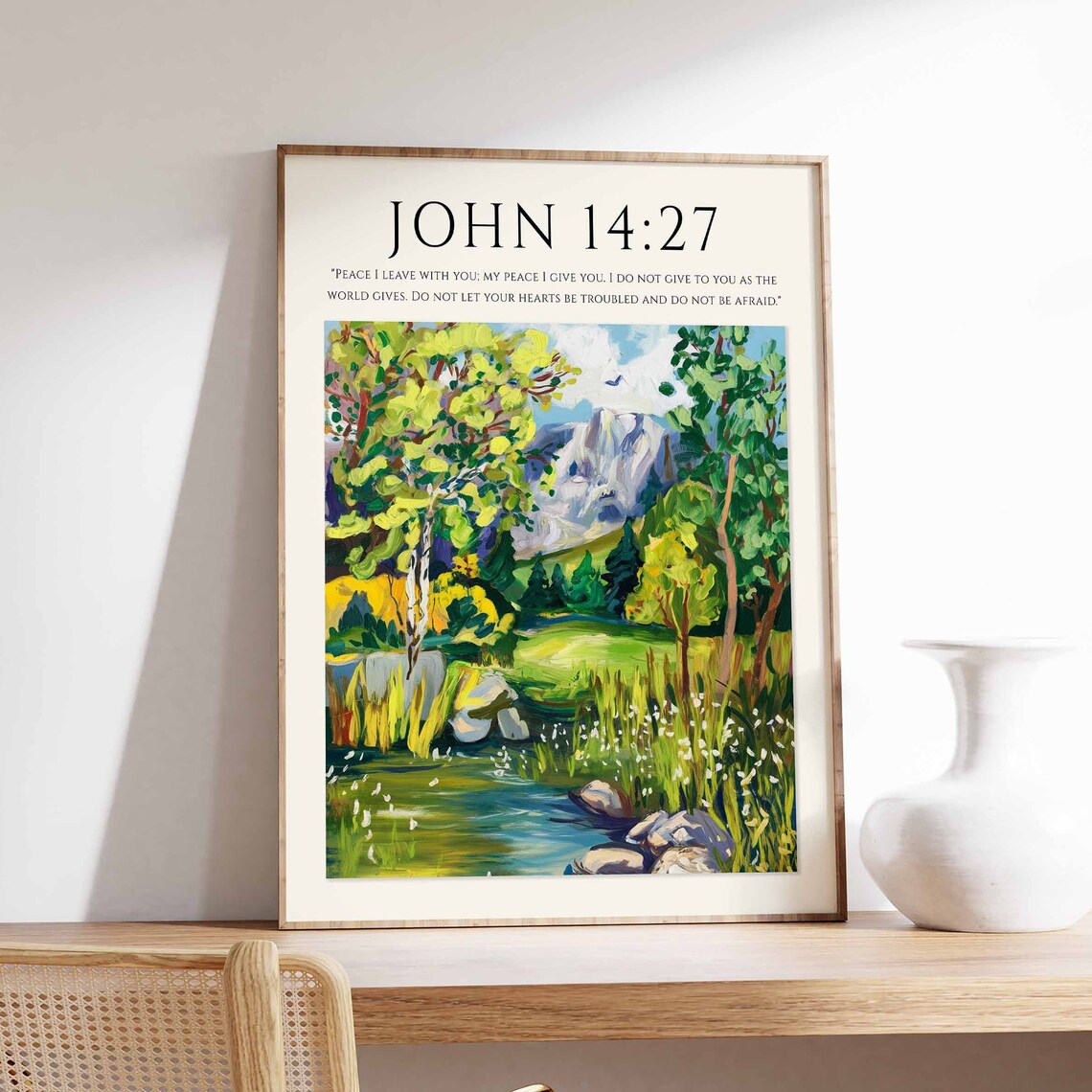 John 14:27 Bible Verse Mountain Stream Valley Monet Style Christian Art Poster