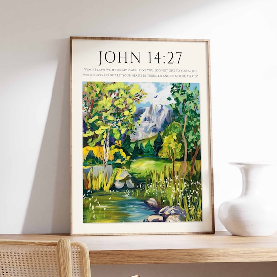 John 14:27 Bible Verse Mountain Stream Valley Monet Style Christian Art Poster