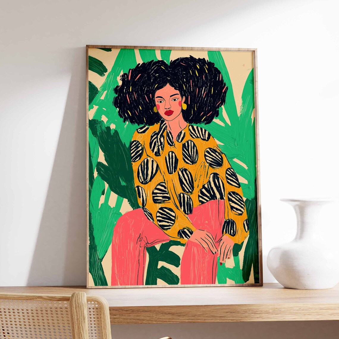 Woman With Afro Mustard Polka Blouse Coral Pants Portrait Poster