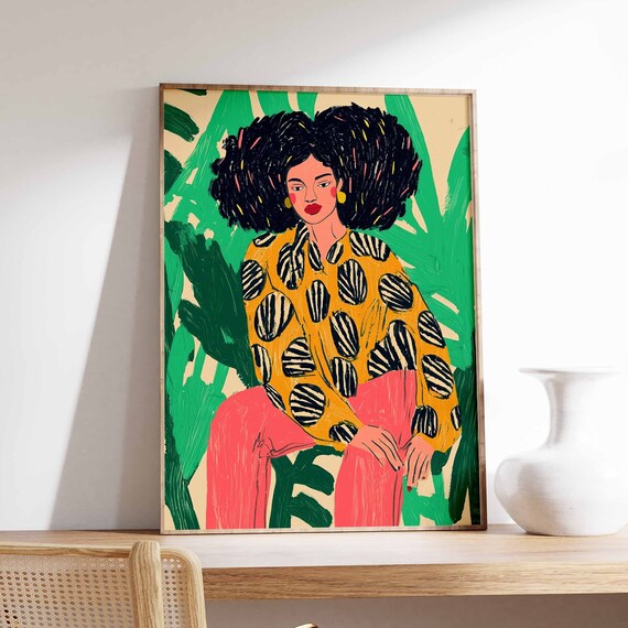 Woman With Afro Mustard Polka Blouse Coral Pants Portrait Poster